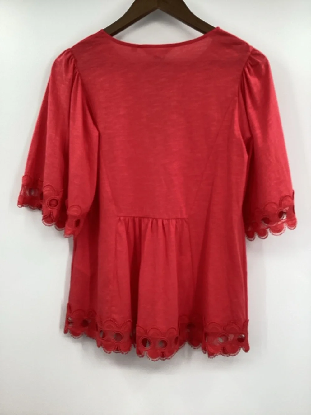 Boden Ayla Jersey Coral Tie-Neck Top with Scalloped Eyelet Trim - Picture 3 of 13